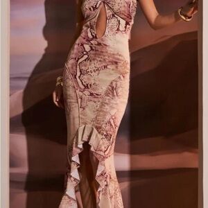 MURCI Mesh Halterneck Cut Out High Low Maxi Dress In Snake Print Sexy Club Sz 8